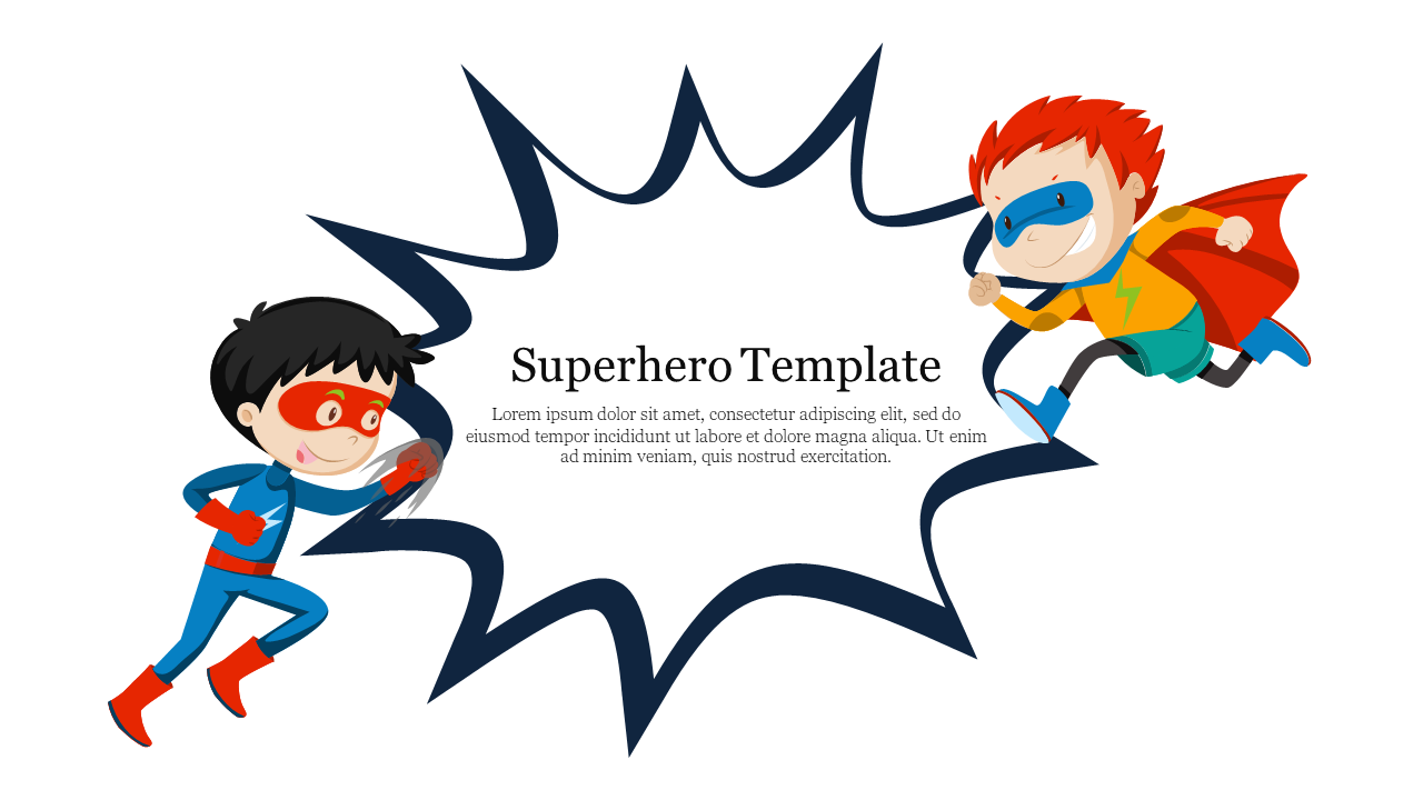 Superhero themed slide featuring two cartoon superheroes in action with a bold text area in the center.