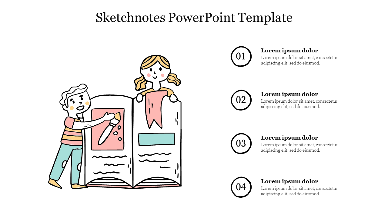 Creative sketchnotes slide featuring a child drawing in a book and a list of four points on the right.