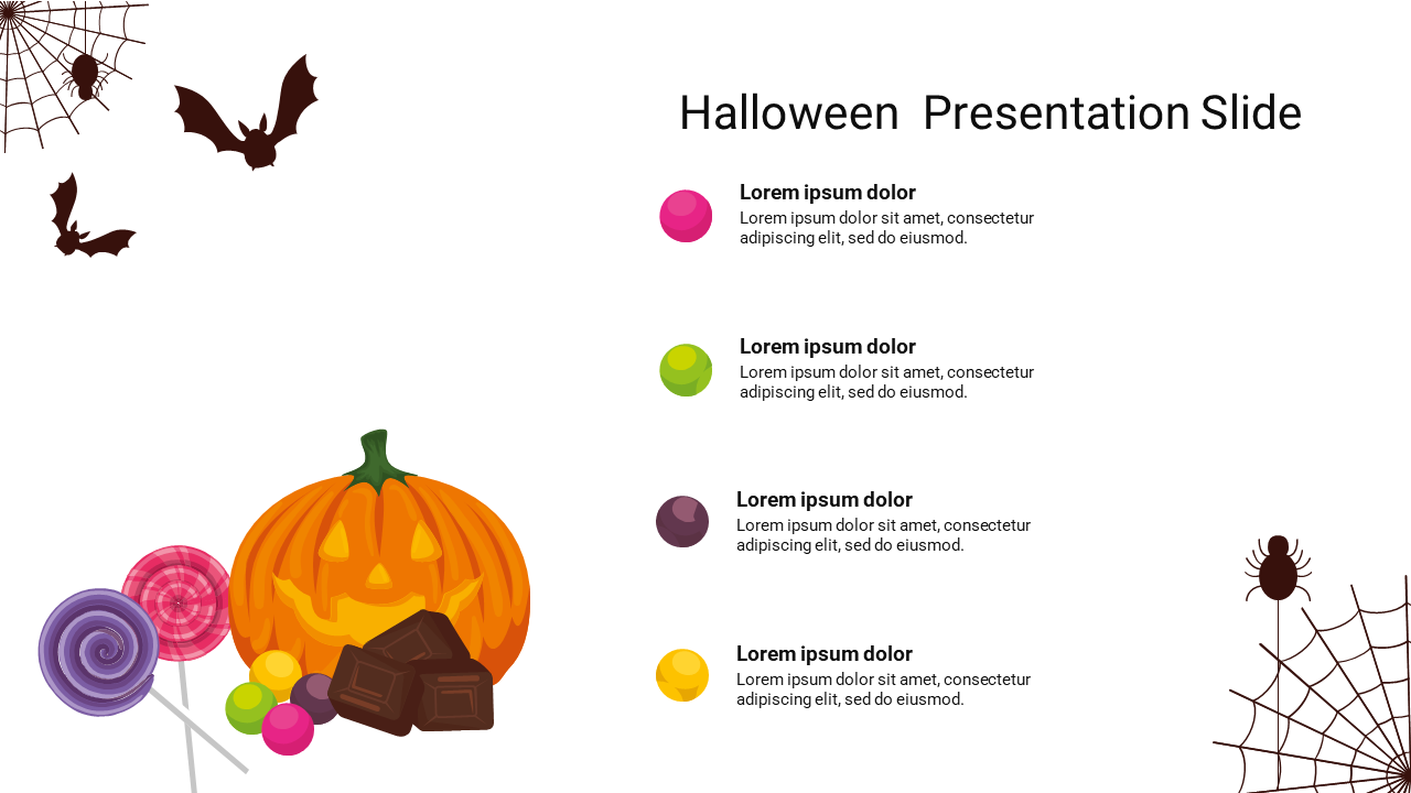 Halloween PPT presentation slide with a jack o lantern, candy, and bats in the background with placeholder text.