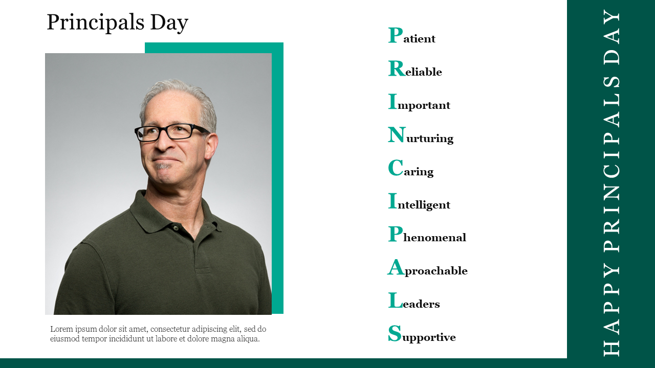 Portrait of a man in glasses on the left, with the word principals in an acronym format listing qualities with green accents.