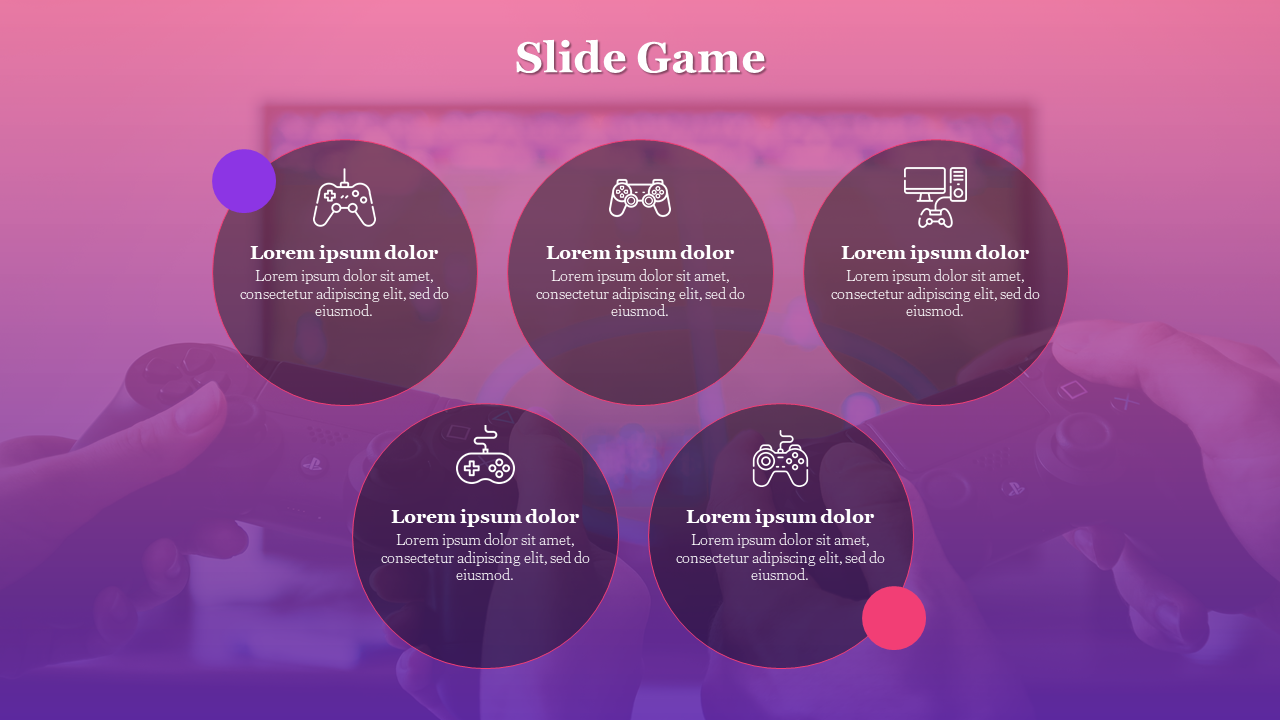 A gaming slide with icons representing controllers and consoles, set on a purple gradient background.