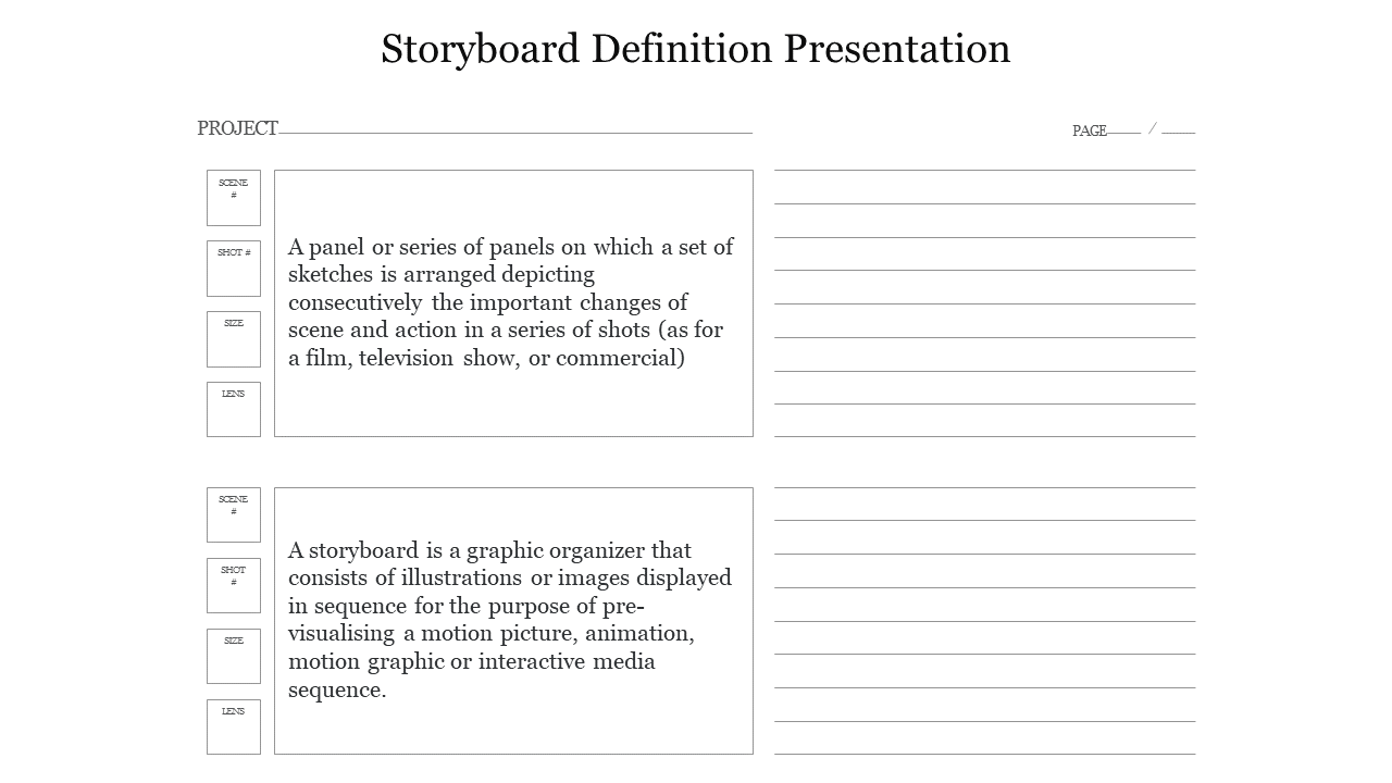 Storyboard slide with two text panels labeled with scene details and lined note sections on the right.