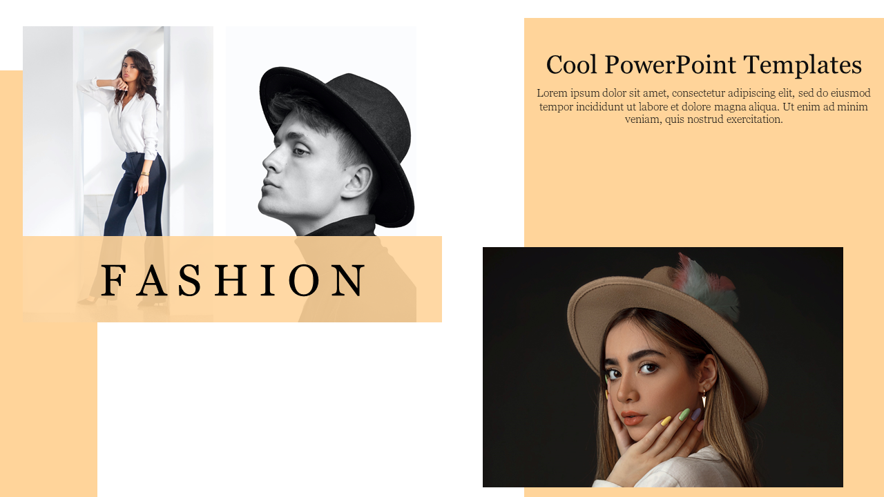 Stylish slide with fashion themed images of two models wearing hats, with a bold text overlay, on a soft peach background.