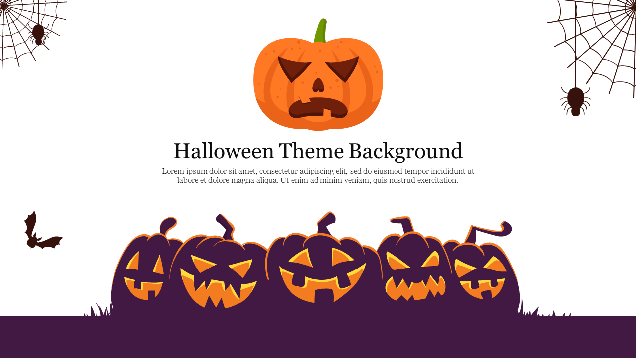 Halloween slide featuring grinning pumpkins, a bat, and spider webs on a light background with a purple footer.