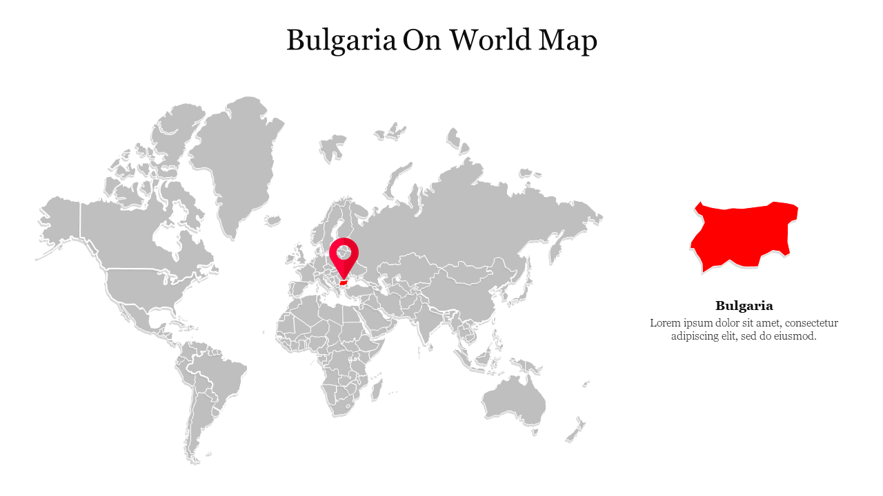 World map highlighting Bulgaria slide with a red marker and a zoomed in outline of the country on the right side.