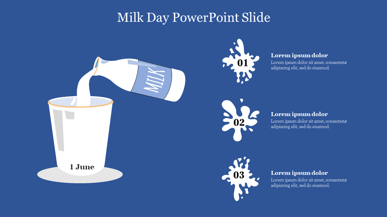 Illustration of milk being poured into a glass labeled 1 June on the left, with three splash icons, on a blue background.