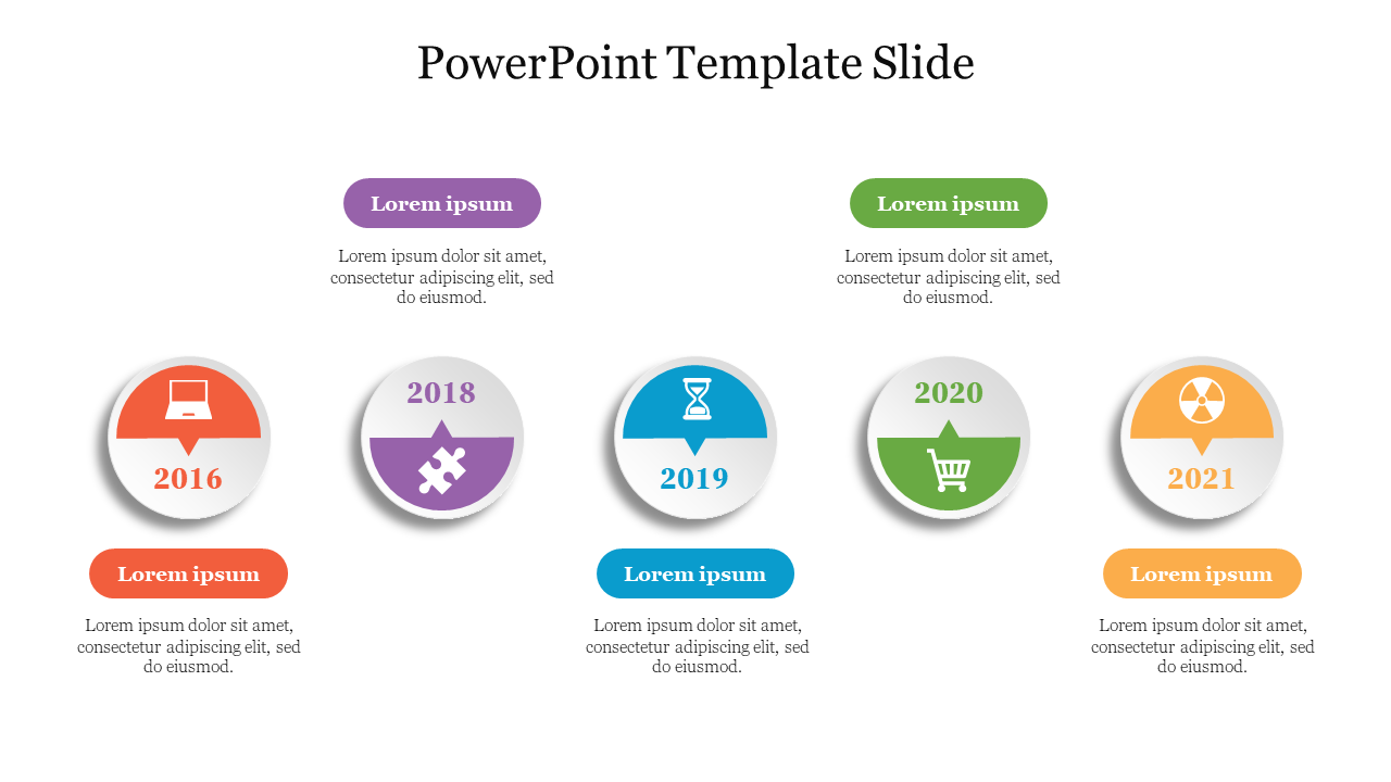 Timeline PowerPoint slide with icons representing events from 2016 to 2021, each with placeholder text.