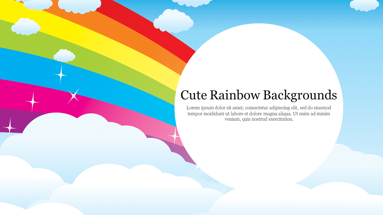 Colorful rainbow slide with vibrant stripes stretching over a sky filled with clouds and twinkling stars, and a text area.