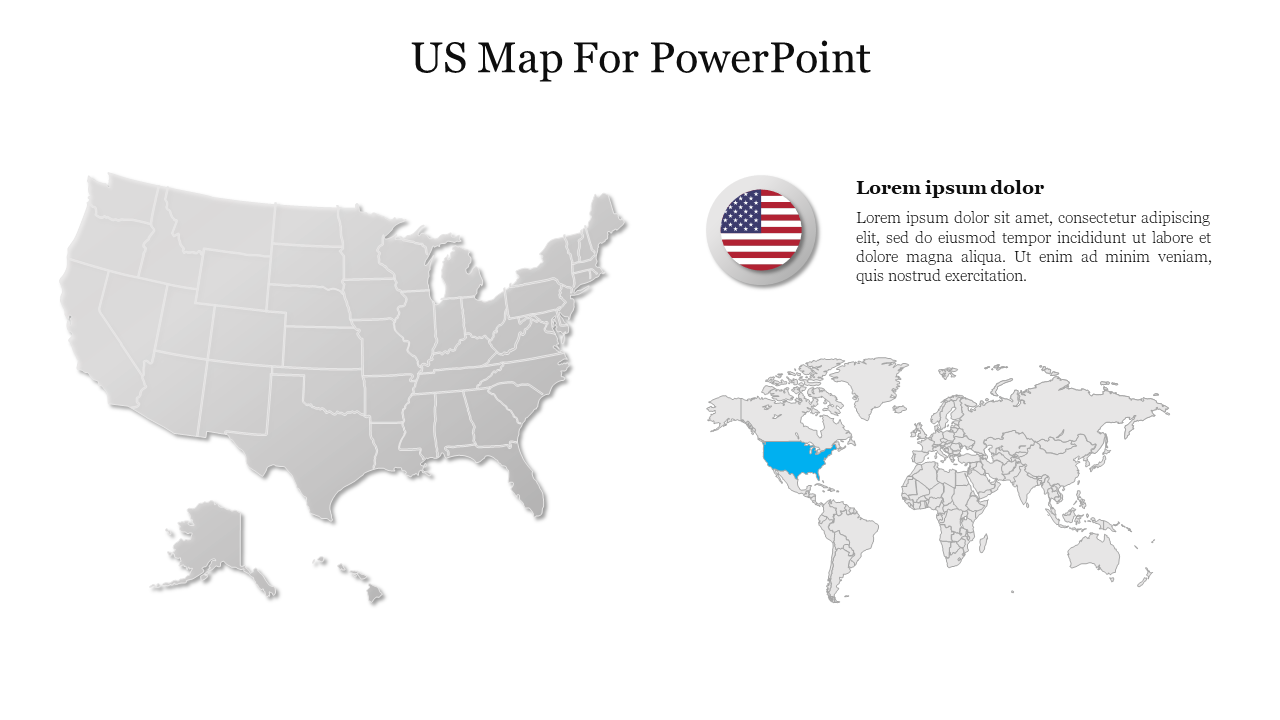 A slide showing a gray map of the united states with a small world map highlighting the USA in blue.