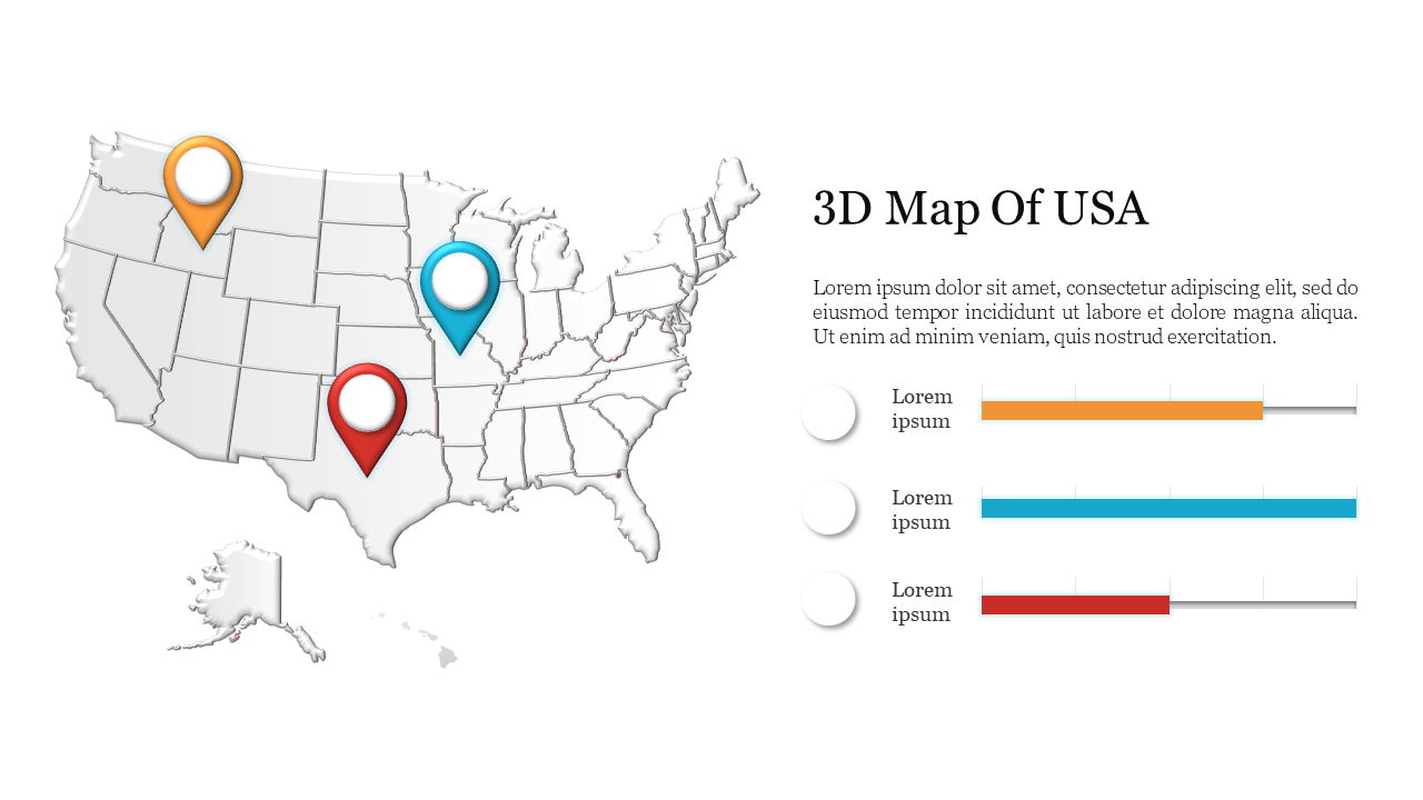 3D map of the USA with three location markers in orange, blue, and red, accompanied by three horizontal bar charts.