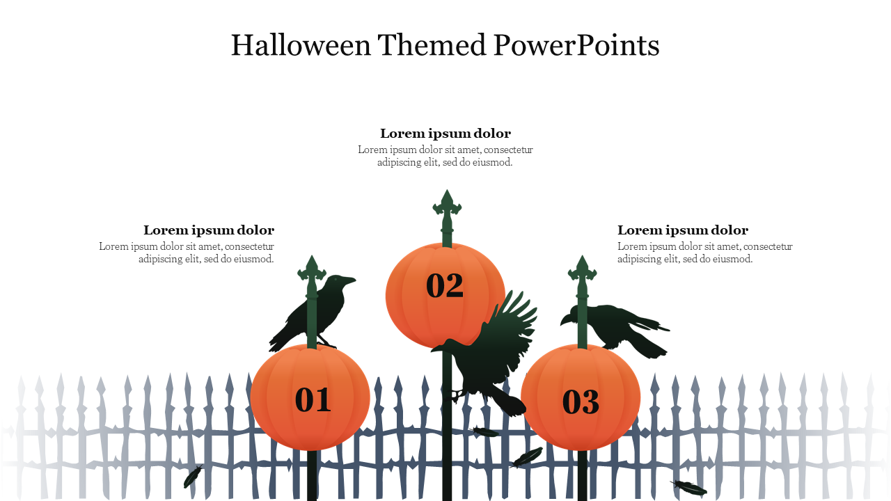 Halloween themed PowerPoint slide with pumpkins, crows, and a fence design, with placeholders for text on a white backdrop.