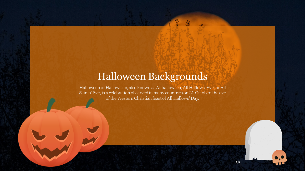 Halloween themed slide with pumpkins, a full moon, and a gravestone, featuring an orange text box, on a dark backdrop.