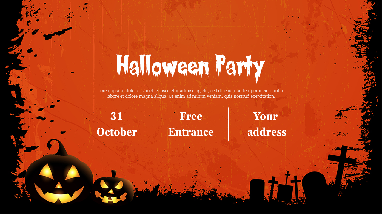 Spooky halloween invite template featuring pumpkins, graveyard silhouettes, and event details.