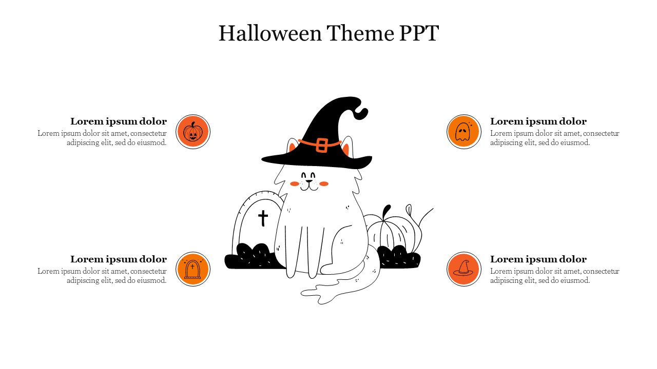 Halloween themed PowerPoint slide featuring a cute cat with a witch hat, surrounded by pumpkins, a tombstone, and icons.