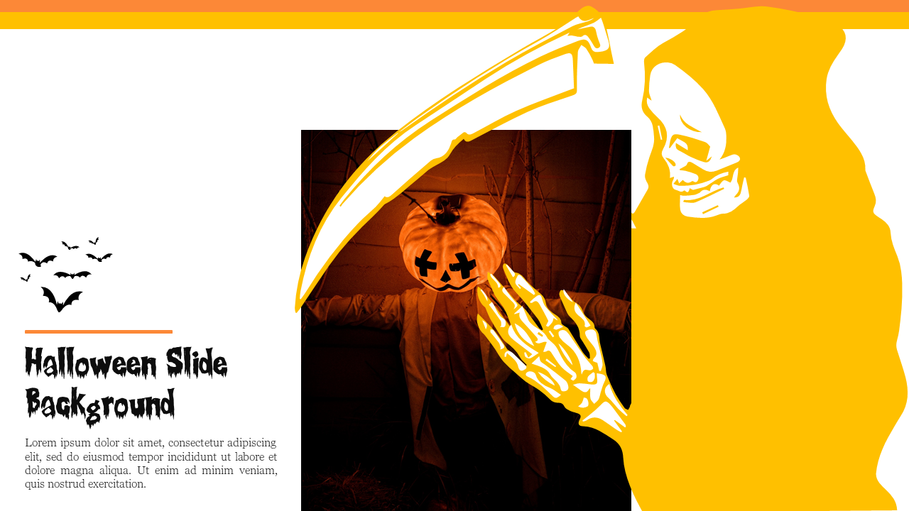 Halloween PPT background featuring a person with a pumpkin head, skeleton hands, bats, and a spooky orange and black design.