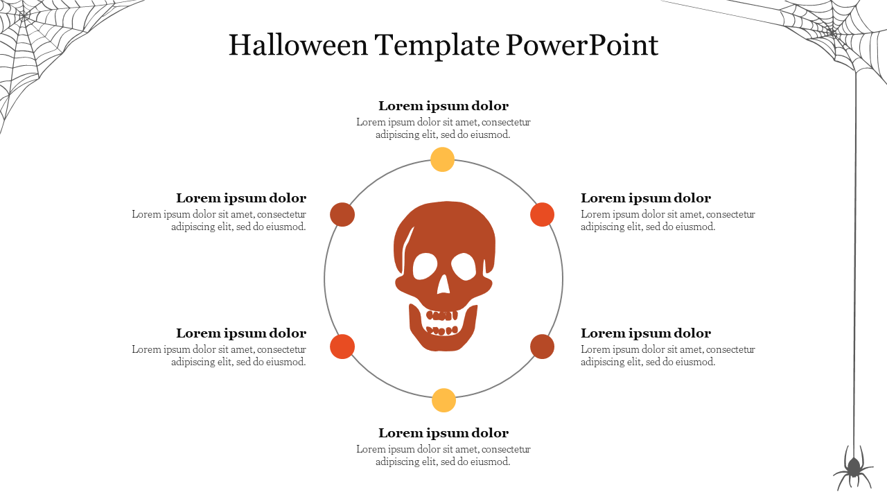 Halloween slide featuring a central red skull surrounded by six colored dots in a circular layout with spider web corners.