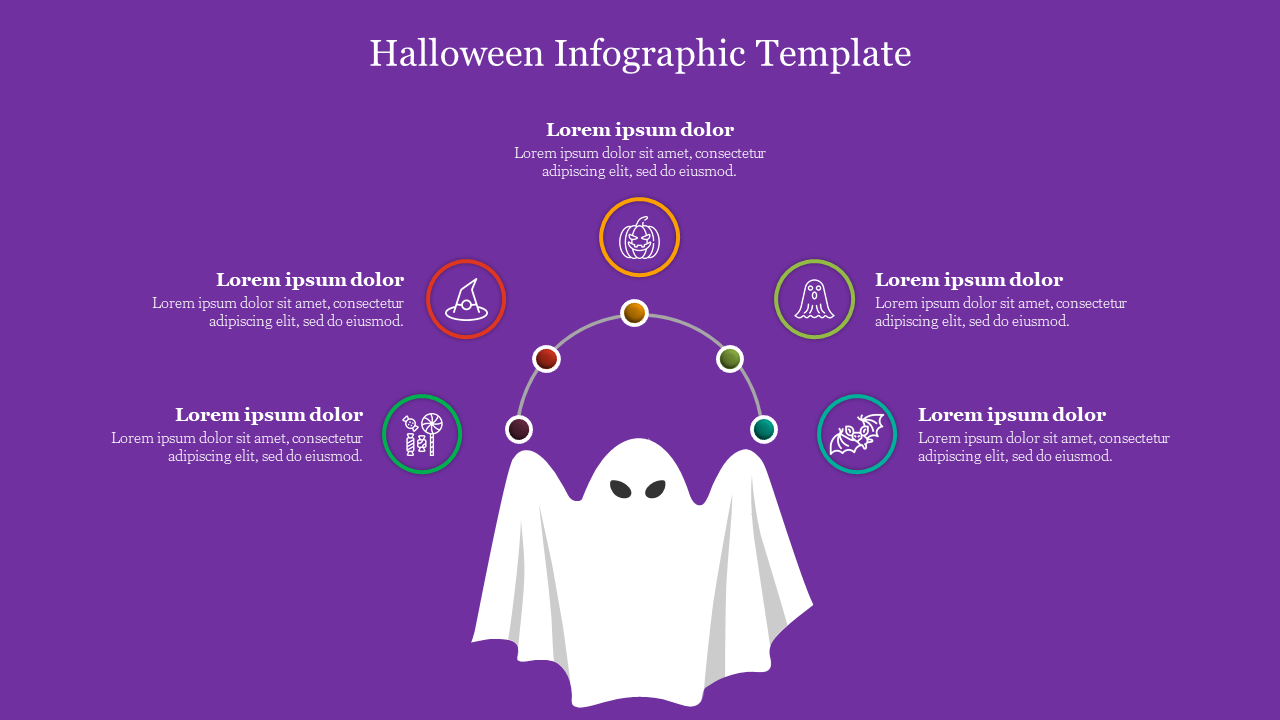 Halloween themed infographic PowerPoint template featuring a ghost and colorful icons on purple theme symbols.