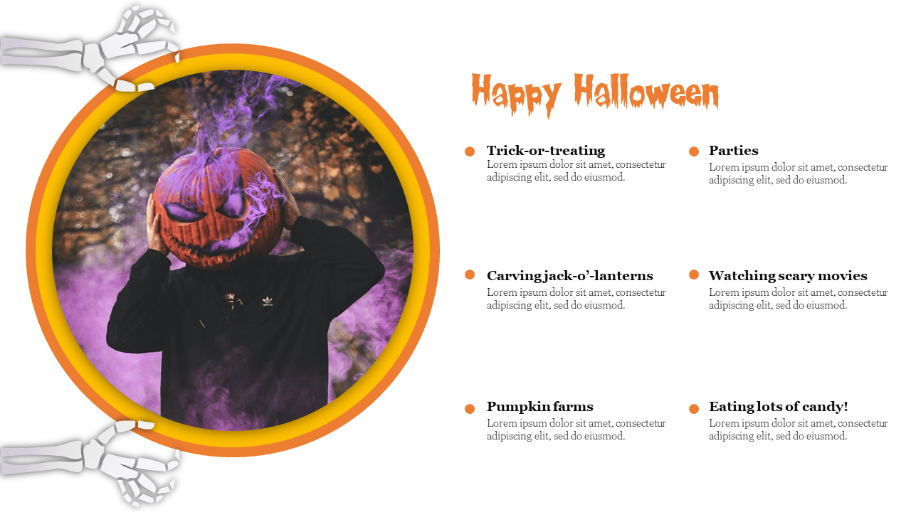 Halloween theme slide with a pumpkin headed person surrounded by smoke, featuring a heading and six points on a white theme.