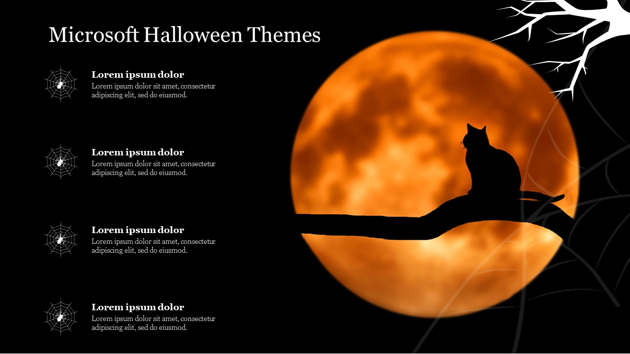 Microsoft Halloween slide with a silhouette of a cat on a branch against a large orange moon, with spider webs and text.