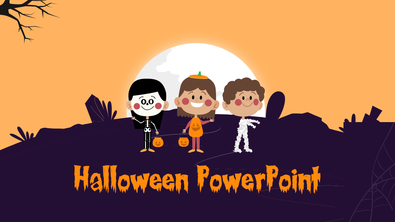 Halloween slide featuring three cartoon characters in costumes, with a purple hill and glowing moon behind them.