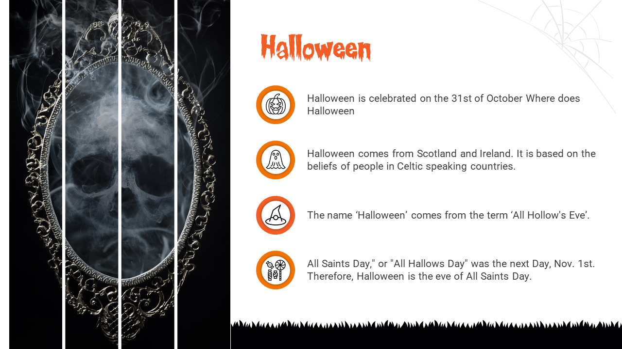 Halloween slide with a mirror displaying smoky skeleton head and four orange framed circular icons and text on the right.