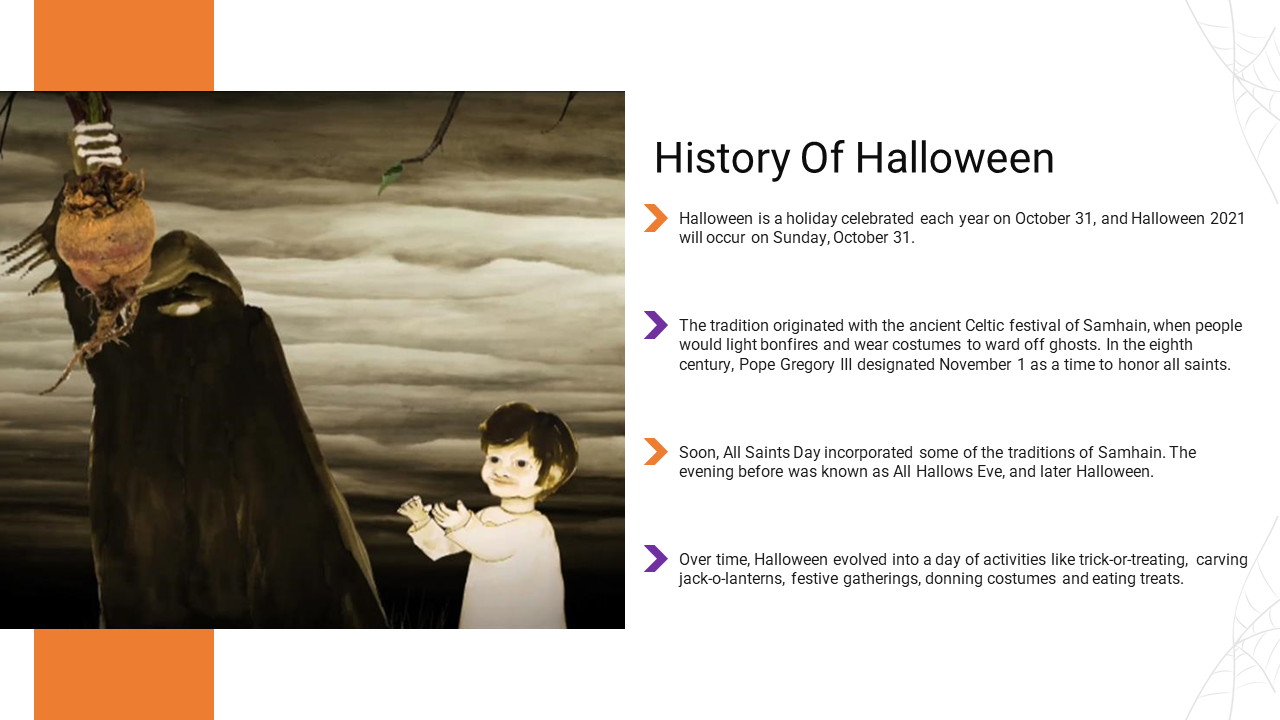 Halloween history slide with a spooky scene and a child, highlighting the Celtic festival Samhain and development. 