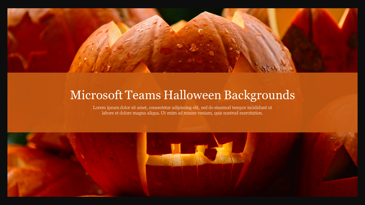 Halloween themed microsoft teams background slide featuring a carved pumpkin with an orange text overlay.