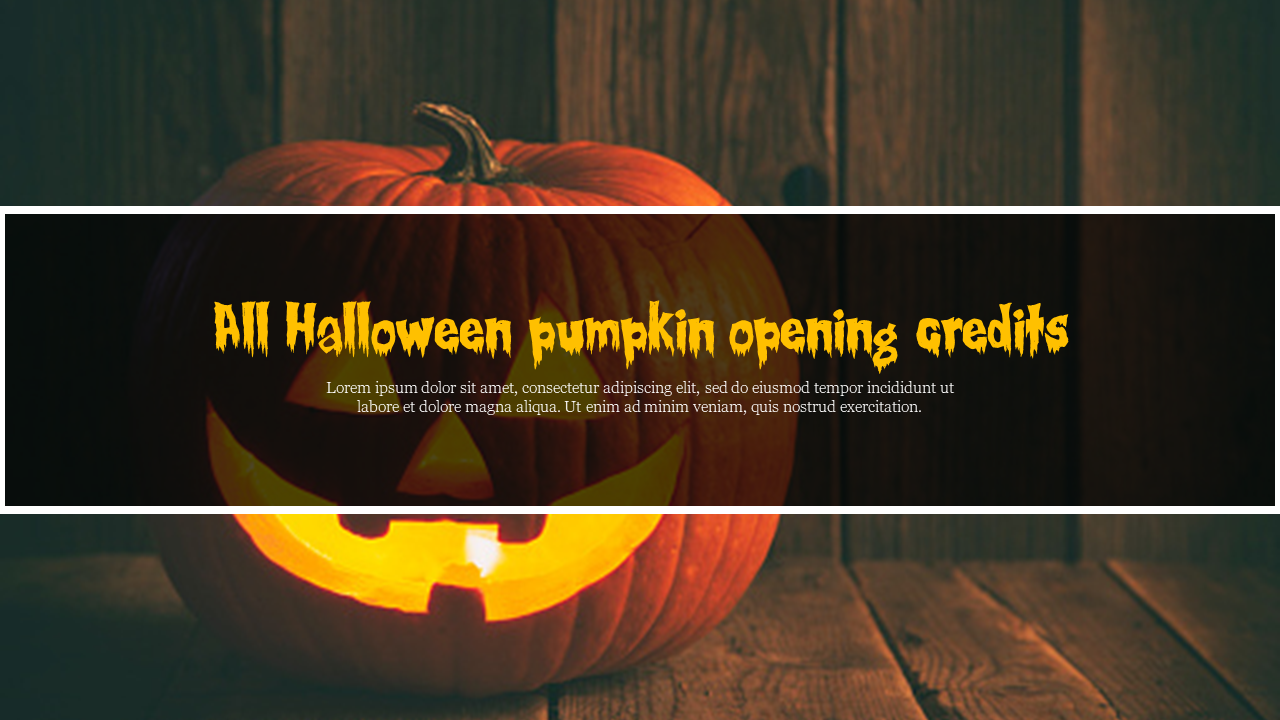 Halloween pumpkin template with a glowing jack-o'-lantern and bold title text in a dark theme.