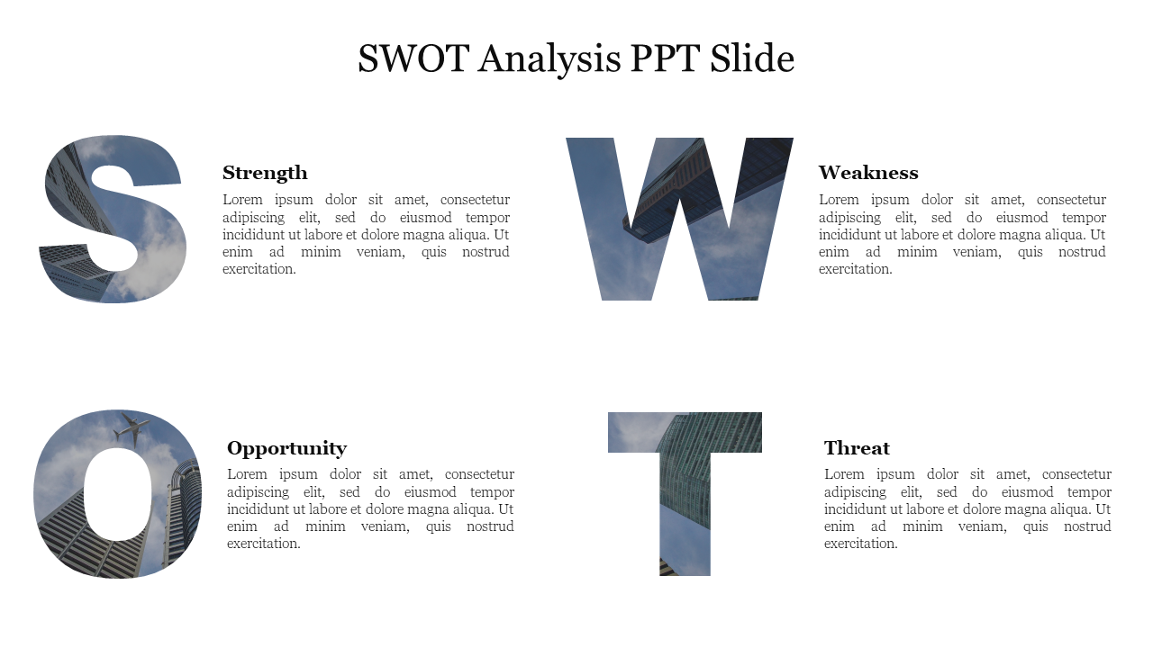 SWOT slide with large letters for each category, filled with images of buildings and descriptive text.