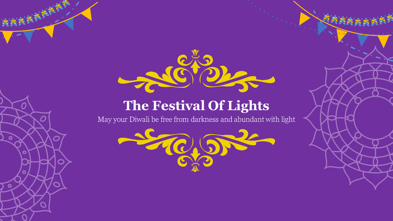 Diwali greeting with the message on a purple background with yellow floral designs.