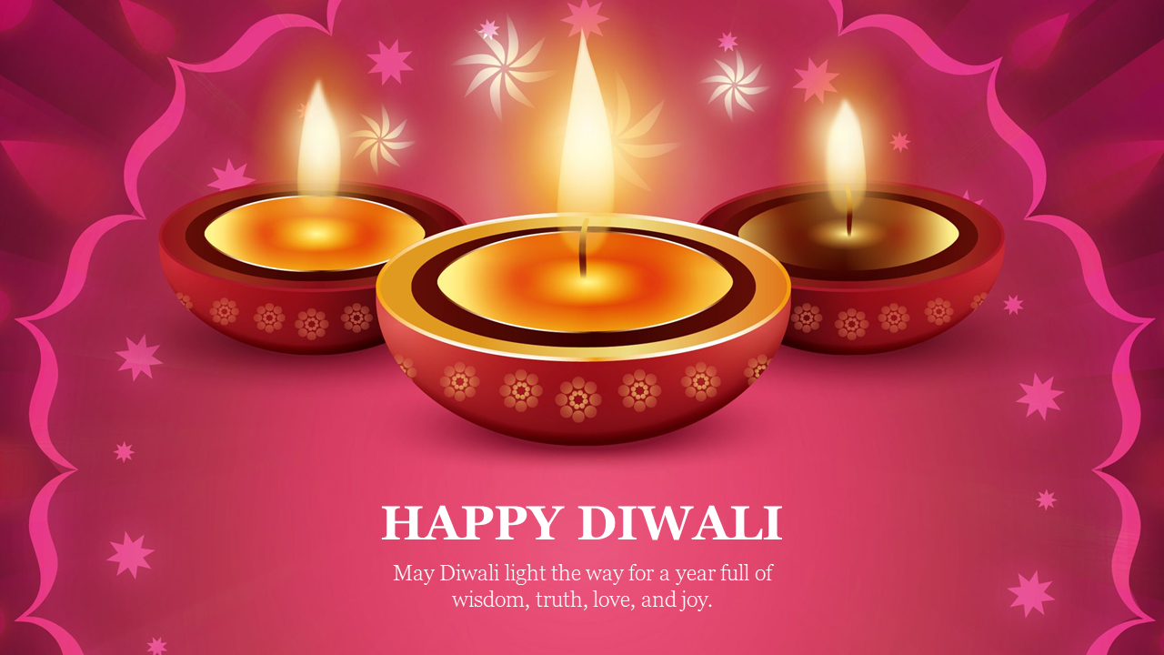 Diwali themed slide featuring lit diyas with floral patterns, with a greeting, glowing against a pink background.