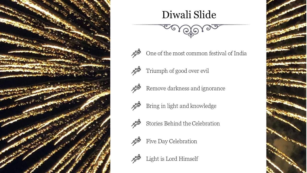 Festive Diwali slide featuring a golden firework background and bullet points describing the significance and stories.