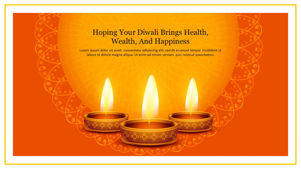 Three illuminated Diwali lamps with glowing flames in front of a bright orange background and a decorative circular design.