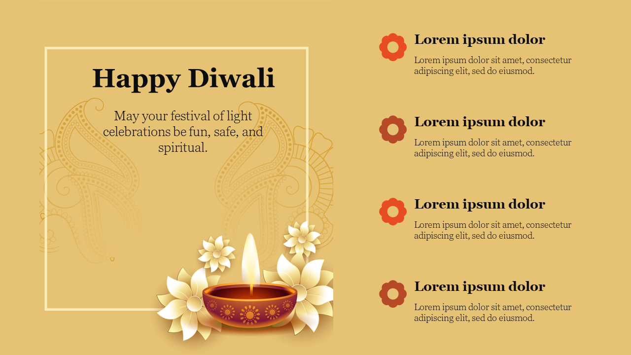 Diwali greeting template with a lit diya at the bottom left and four caption placeholders on the right.