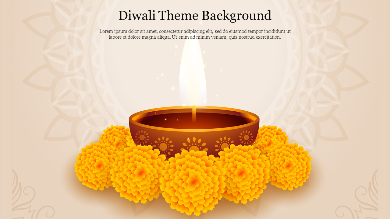 Festive Diwali background PPT slide with a glowing oil lamp and yellow marigold flowers, set against a soft floral pattern.