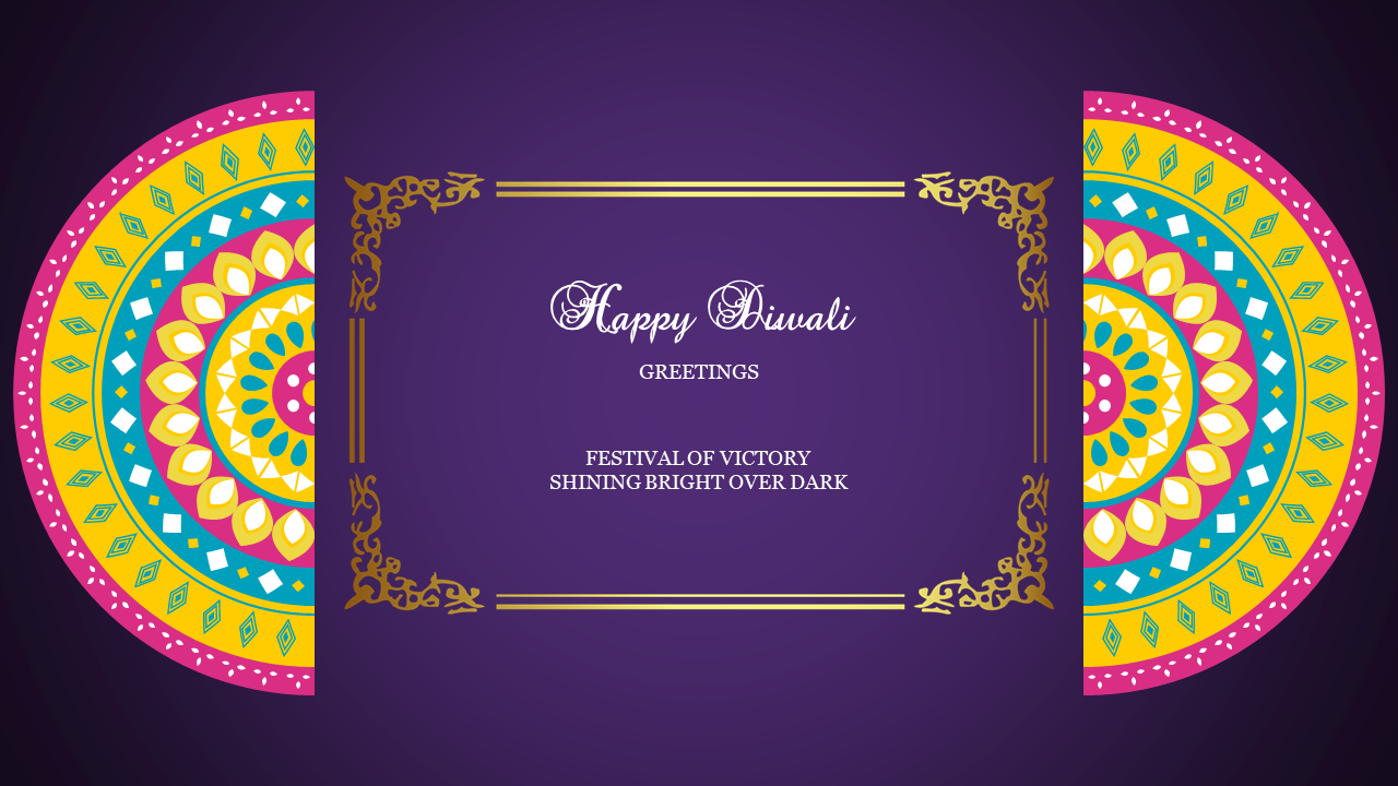 Diwali greeting slide with vibrant mandala designs on both sides and the message in elegant font on a purple backdrop.