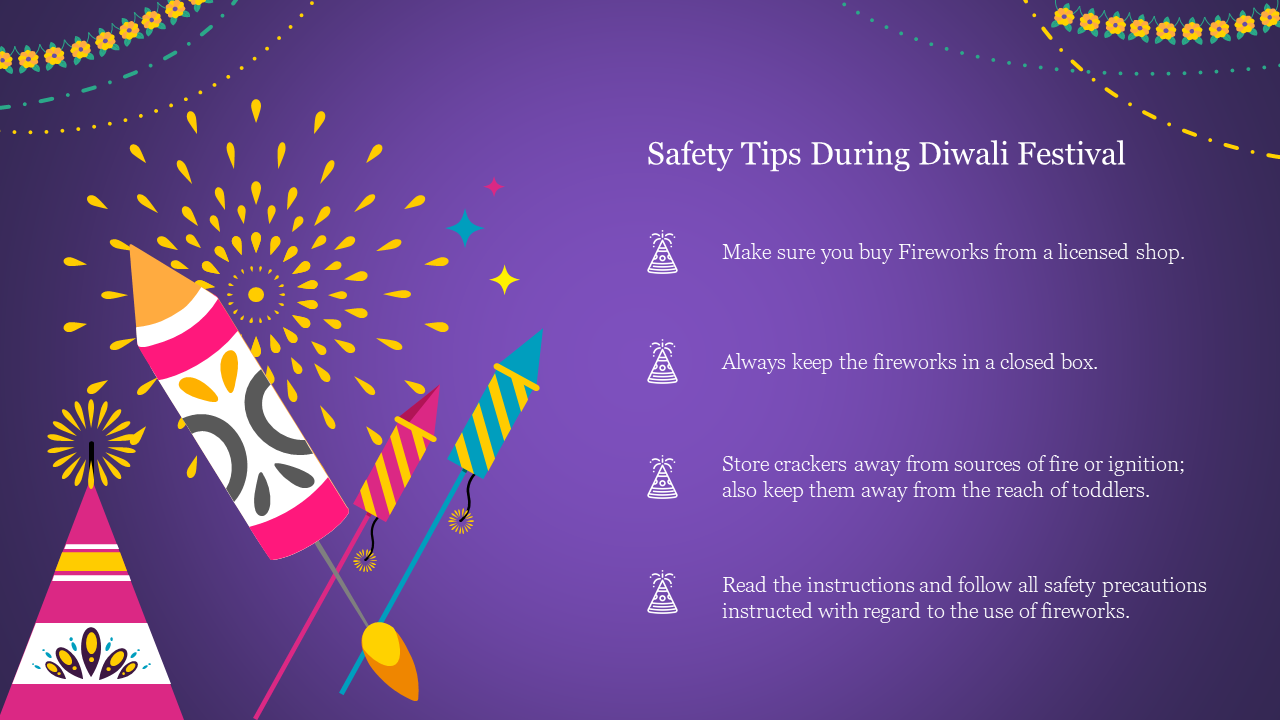 Diwali safety tips slide with colorful fireworks illustrations on a purple background, guiding safe fireworks handling.