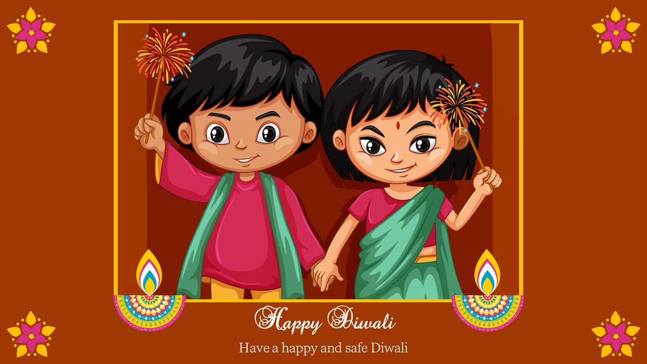 Children celebrate Diwali with sparklers, wearing traditional outfits, and messages with decorative lamps and patterns.