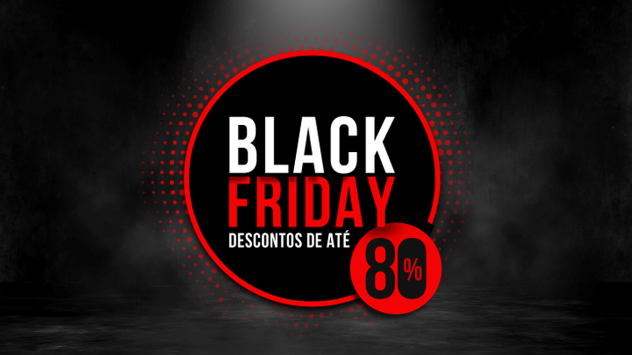 Black Friday promotion with a circular design, featuring bold red text, a percentage discount, on a dark, misty background.