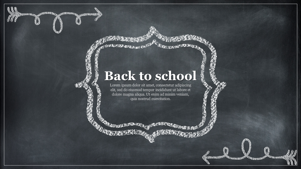 Chalkboard background with a white chalk drawn ornate frame and decorative arrows around the text area.