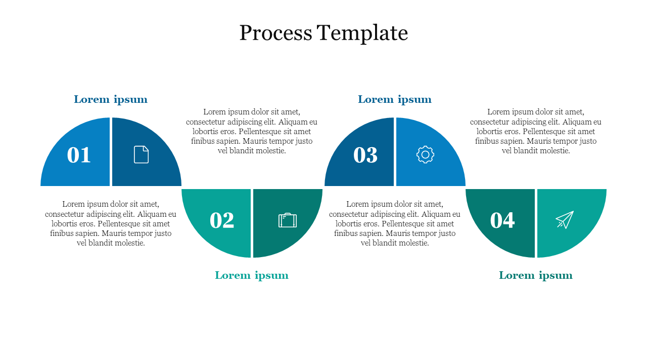 Process template with four semi circular steps in shades of blue and teal, each containing an icon and description text.