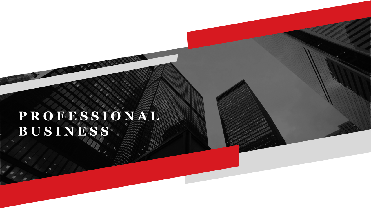 Professional business slide featuring modern skyscrapers in black and white, accented with red and gray geometric shapes.