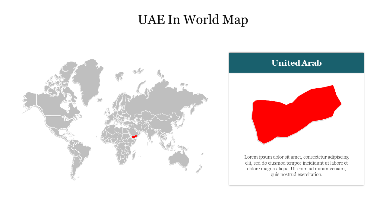 World map highlighting the United Arab Emirates with a red marker and a zoomed in outline of the country on the right.