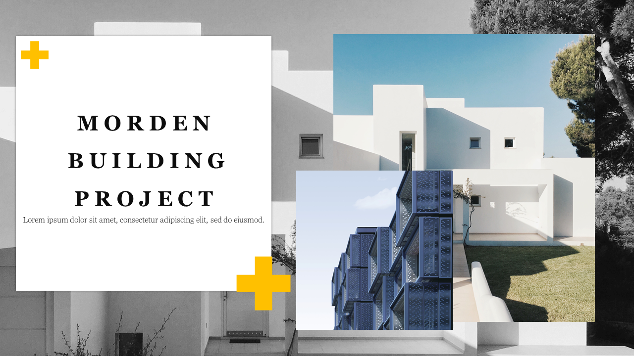 Architectural project collage highlighting two modern buildings, one in white and the other with blue textured panels.