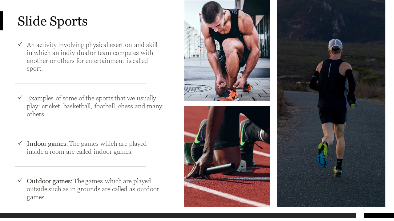 Slide layout with descriptions of sports categories and three images of athletes in action, including track and road running.