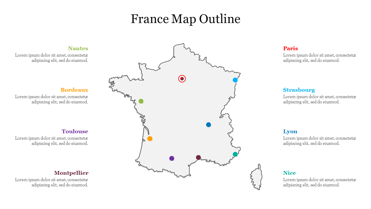 Map of France highlighting major cities with colored markers and text boxes, including Paris, Bordeaux, and Nice.