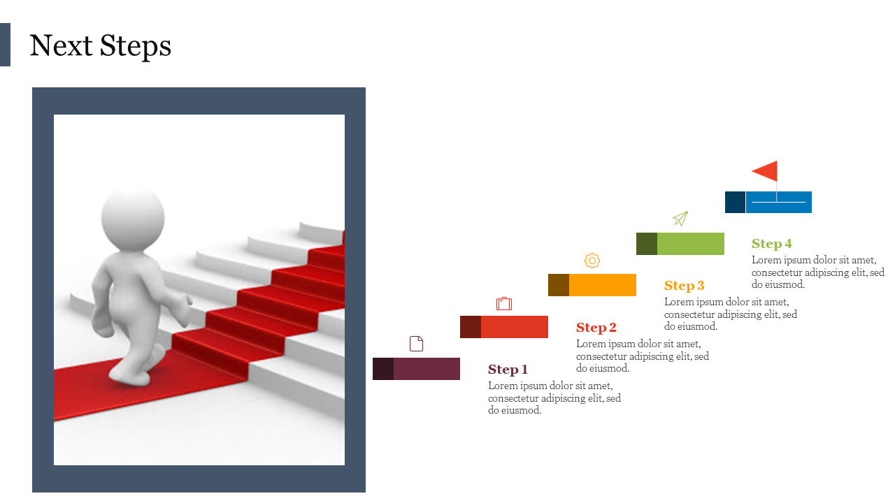 A clipart of a figure climbing a red-carpeted staircase with a step process and colorful icons with boxes and text area.