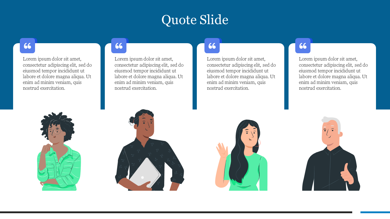 Quote PPT slide featuring four diverse individuals with speech bubbles containing placeholder text.