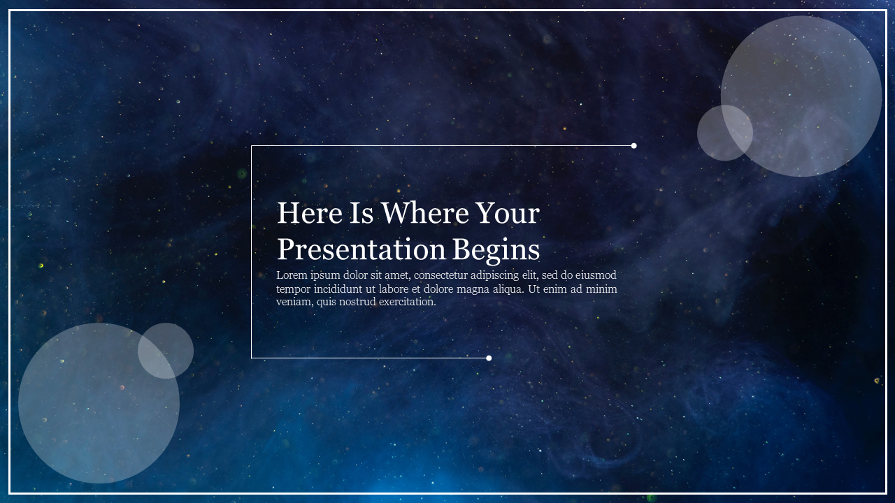 Abstract space-themed background with gradient colors and subtle circular overlays with placeholder text areas.