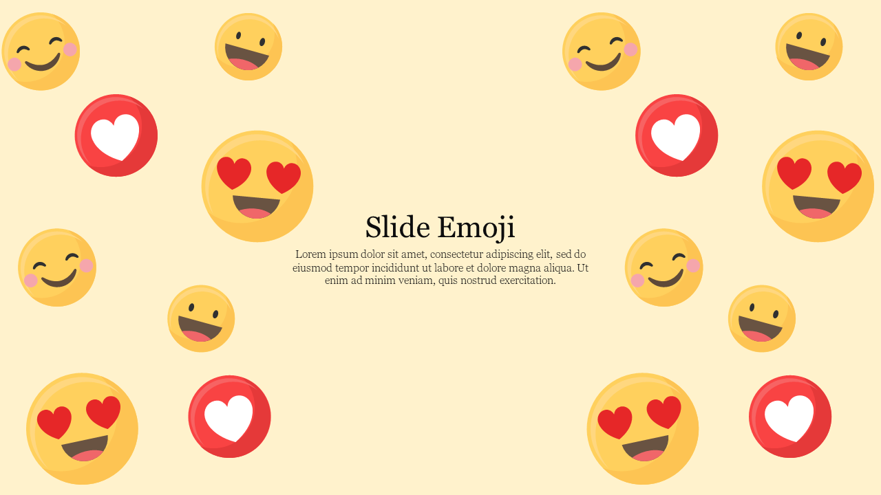 Slide showcasing many cheerful emojis, including heart-eyed and smiling faces, on a beige backdrop with a text area.